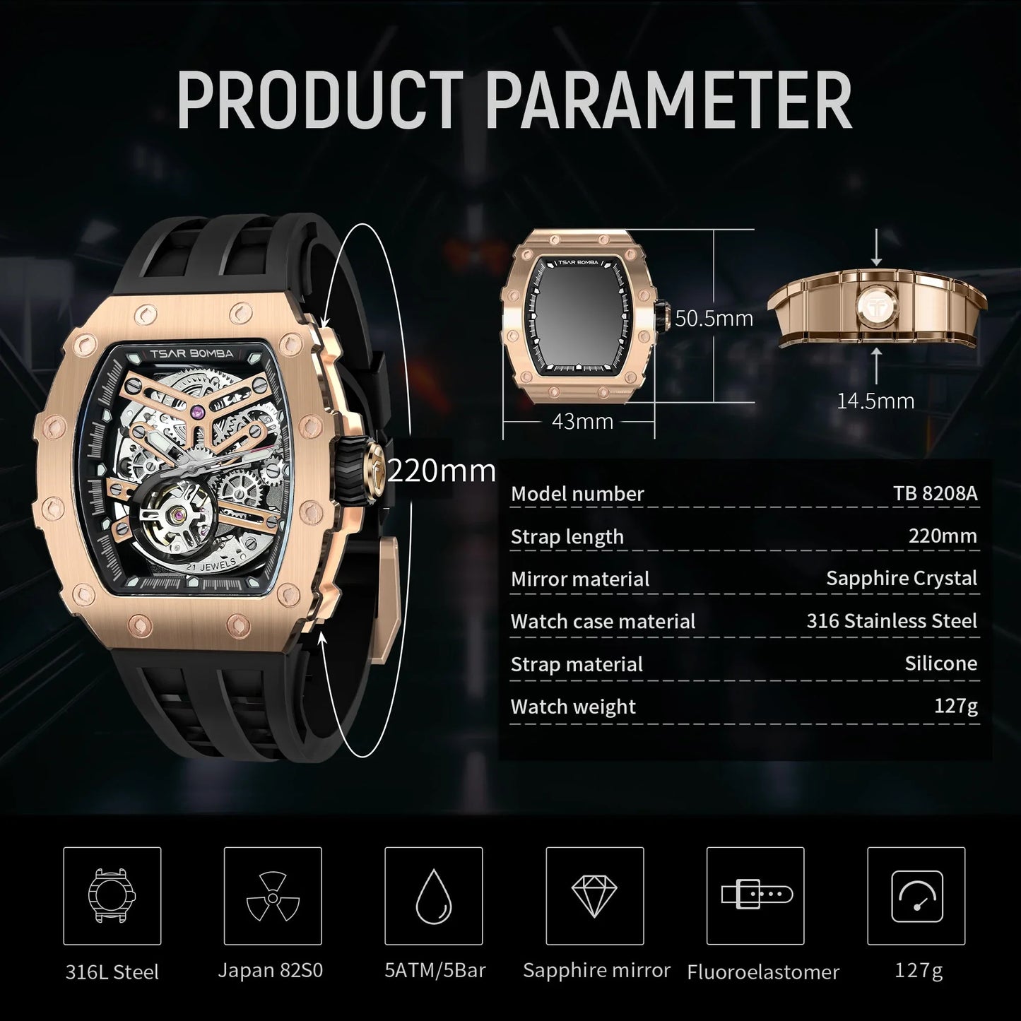 TSAR BOMBA Men's Automatic Mechanical Watch — Tonneau-Shaped, 50M Water-Resistant, Sapphire Crystal — A Gift for Men