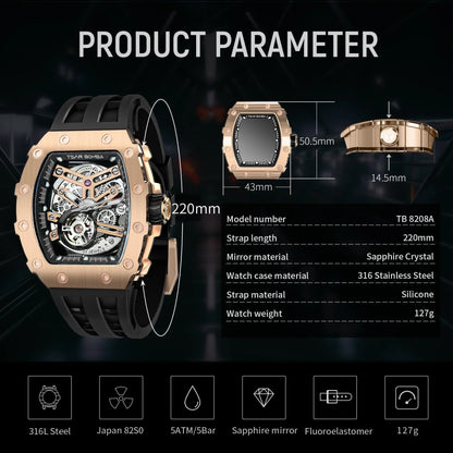 TSAR BOMBA Men's Automatic Mechanical Watch — Tonneau-Shaped, 50M Water-Resistant, Sapphire Crystal — A Gift for Men