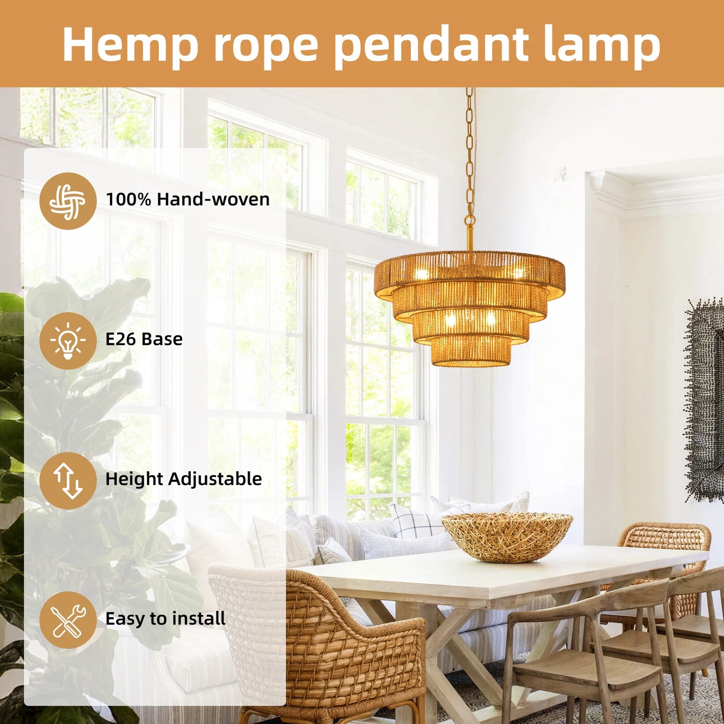 19.7" Boho Hand-Woven Rattan Chandelier Vintage Farmhouse 4 Round Hemp Rope Pendant Light for Dining Room Kitchen Island