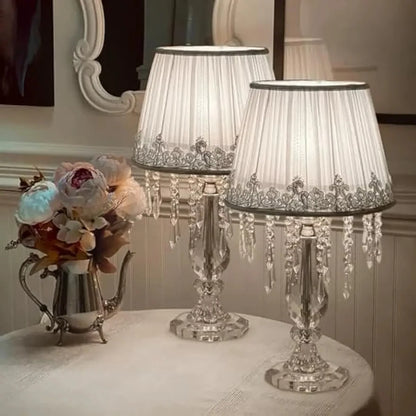 Modern Bedside Crystal Table Lamp with Ruched Fabric Lampshade Elegant Plug-in Crystal Chandelier Nightstand Room Decor