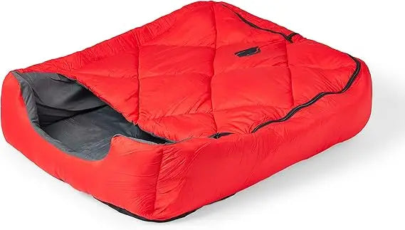 "large red travel pet sleeping bag with zippered cover for outdoor adventures"