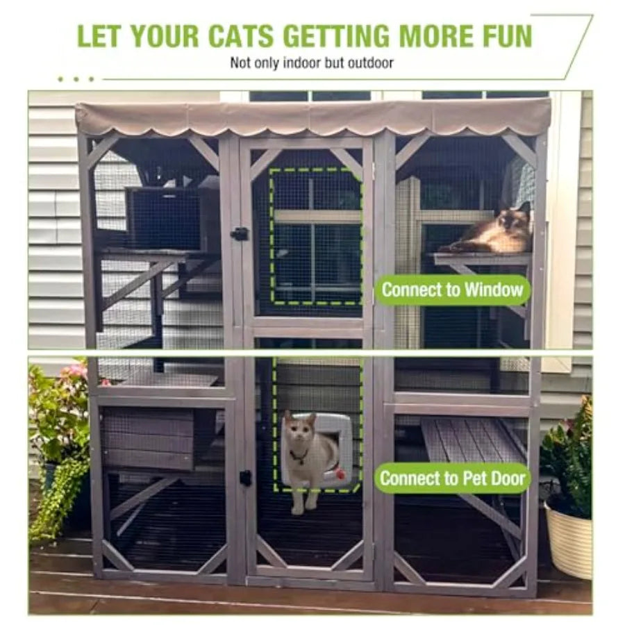 Outdoor Catio Large Cat Enclosure Wooden Cat House Playpen with Door Kitty Cage Waterproof Cover Brown Durable and Weatherproof