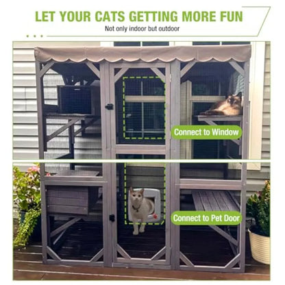 Outdoor Catio Large Cat Enclosure Wooden Cat House Playpen with Door Kitty Cage Waterproof Cover Brown Durable and Weatherproof