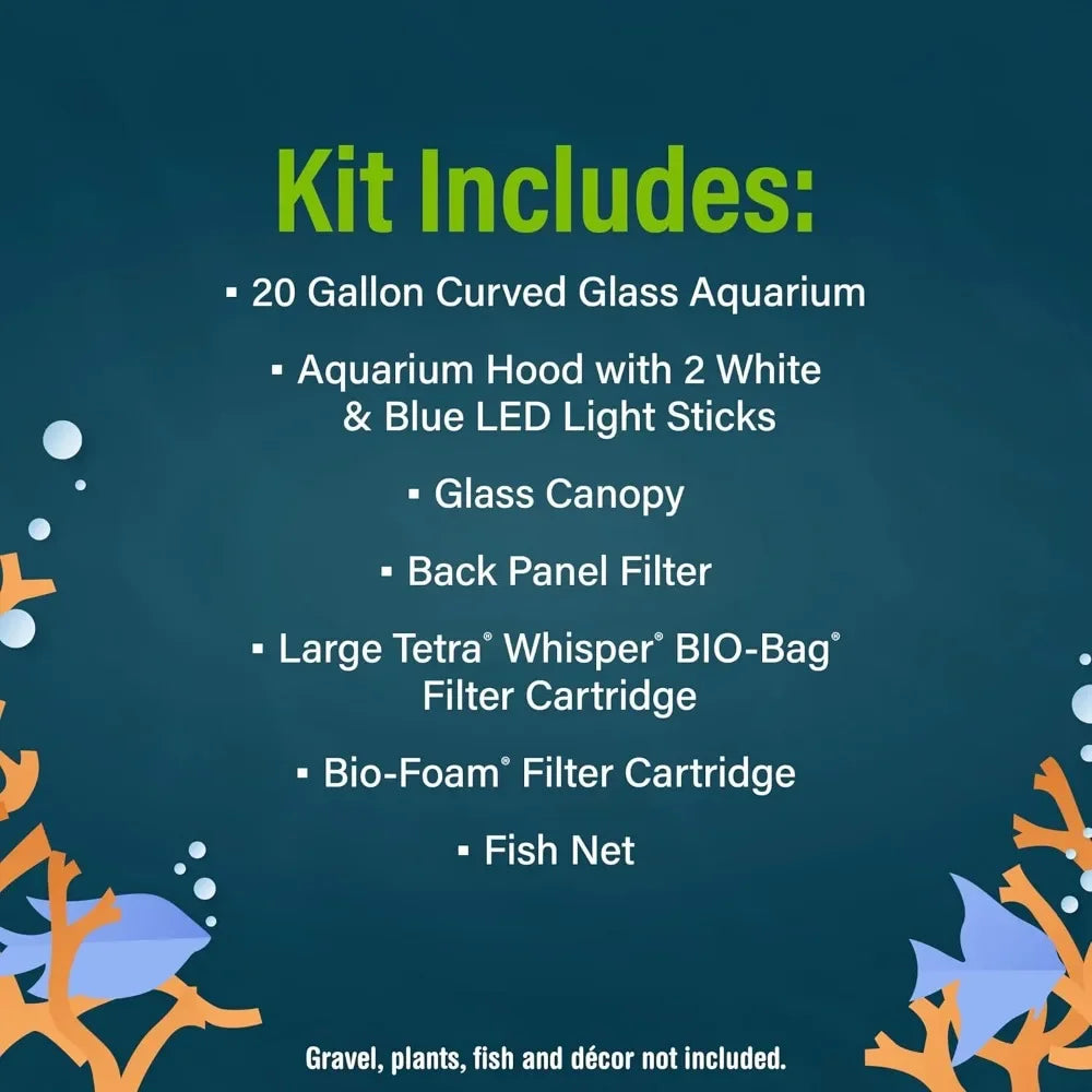 20 Gallon Glass Aquarium Kit with LED Lighting and Built in Filtration Ideal for Beginners and Experts Curved Seamless Design