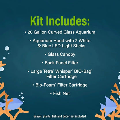 20 Gallon Glass Aquarium Kit with LED Lighting and Built in Filtration Ideal for Beginners and Experts Curved Seamless Design
