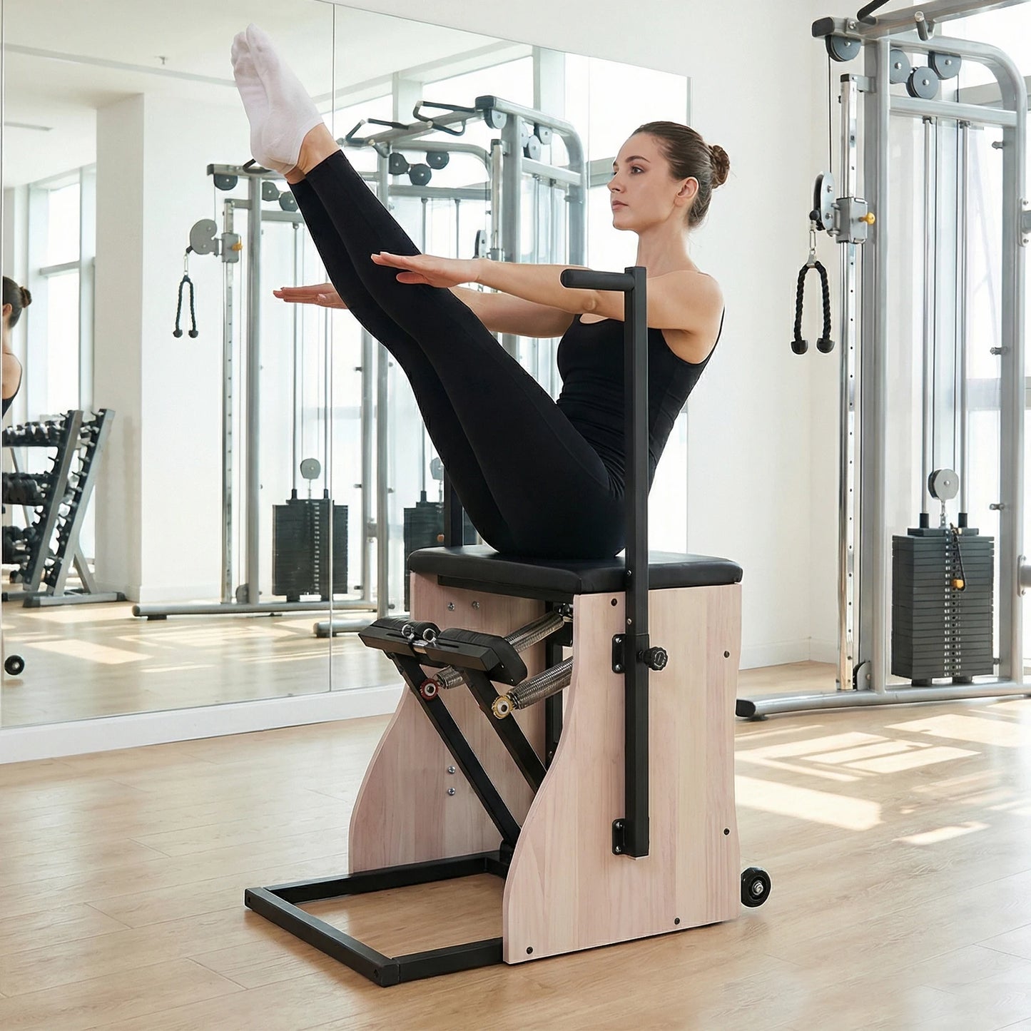 Oak Wood Yoga Fitness Trainer with Adjustable Resistance with Springs Split Pedal Handles for Yoga Core Training Rehabilitation