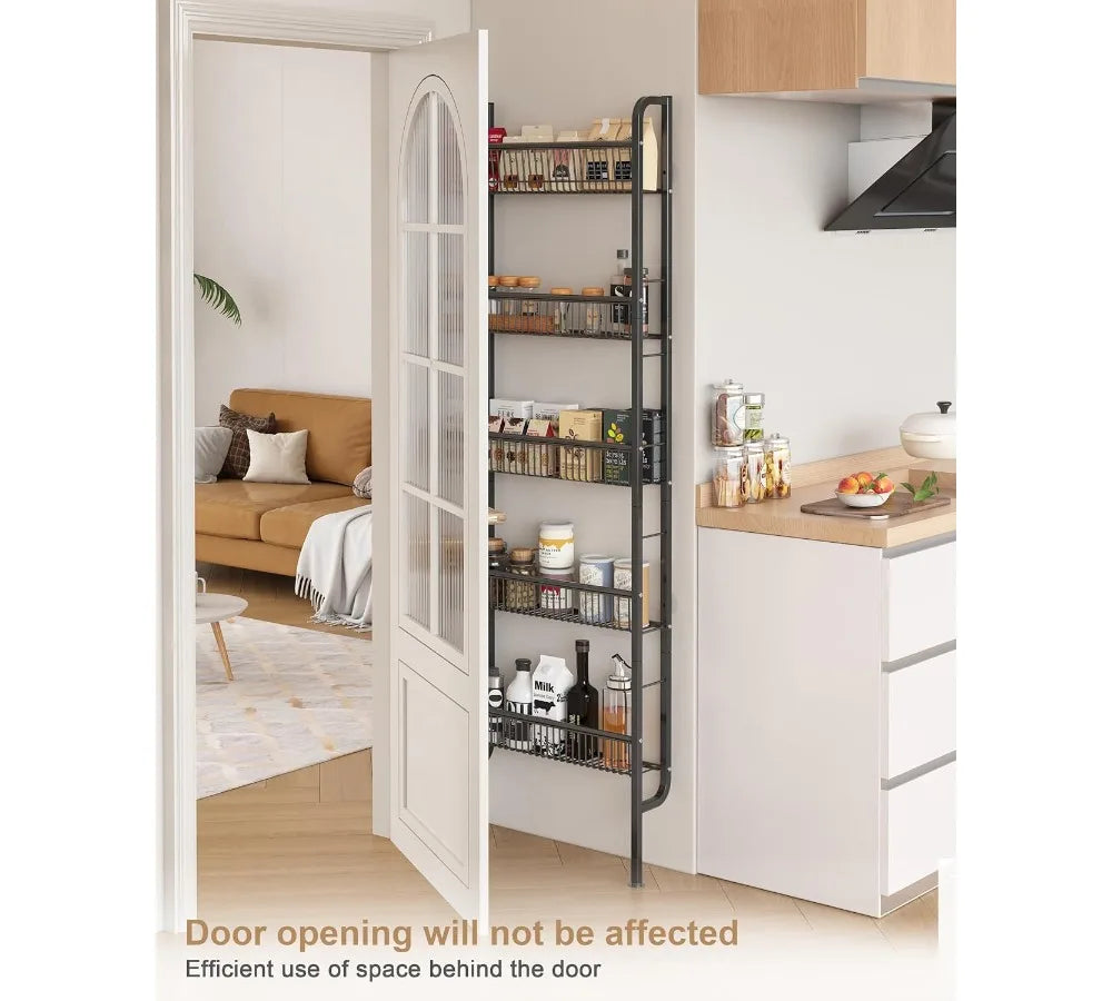 5-Tier Slim Over-The-Door Storage Shelf, Space-Saving Narrow Rack for Bathroom Kitchen Organization Black