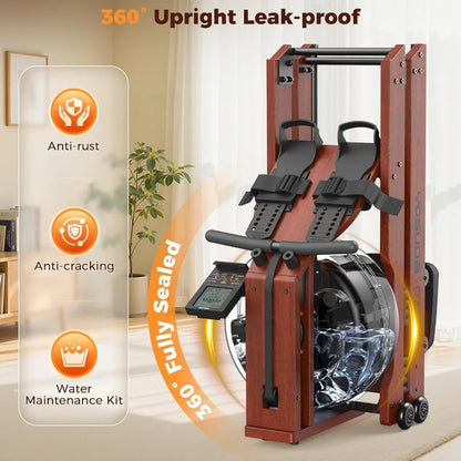 Foldable Water Rowing Machine for Home Gym Fitness Training with 400LBS Weight Capacity Integrated Monitor and Bluetooth APP Co