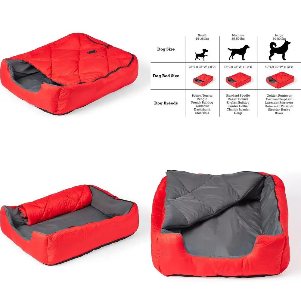 "large red travel pet sleeping bag with zippered cover for outdoor adventures"