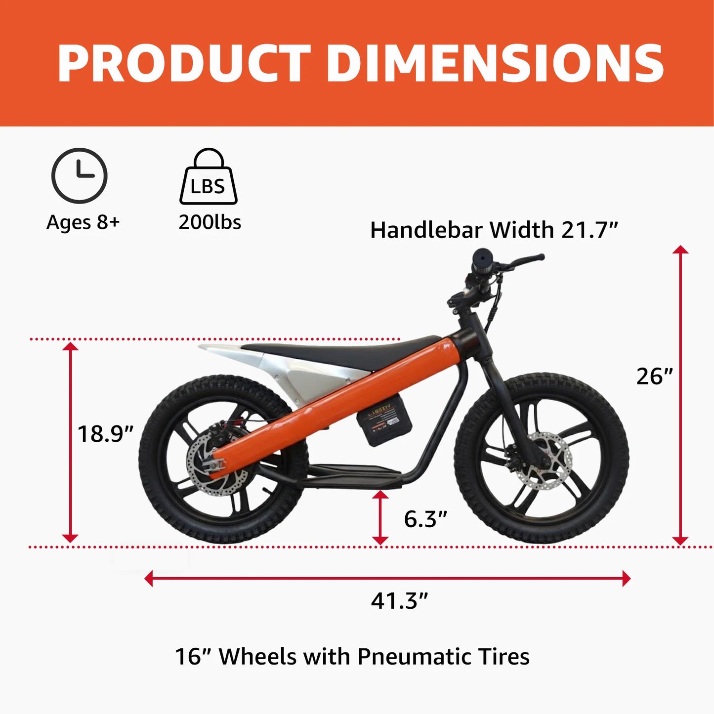 24V Electric Dirt Bike for Kids 8+, 300W Motor, Removable Battery, 15.5 mph Max Speed, 15 Miles Range, 3 Speed Mode, Orange
