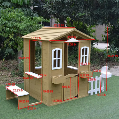 Cedar Wooden Playhouse Kids Outdoor Play Room Working Door Window Mailbox Bench, Custom