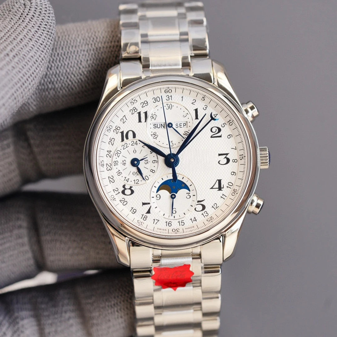 2026 New An Elegant Men's Watch with A Silver Dial and Moon Phase Display Suitable for Various Occasions