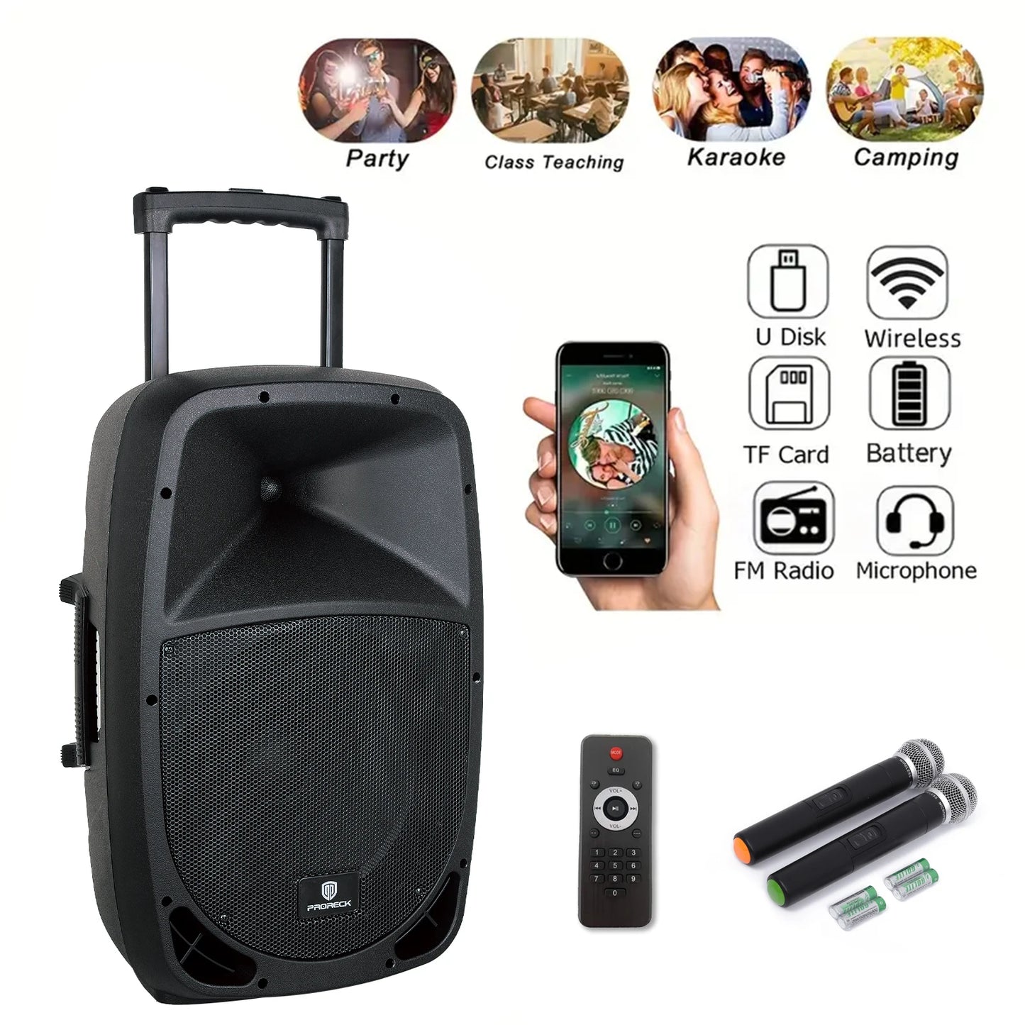 PRORECK Freedom 12 Portable Wireless 12" 500W PA Speaker with Rechargeable Battery, BT/USB/SD/FM, Remote & Wireless Mic.