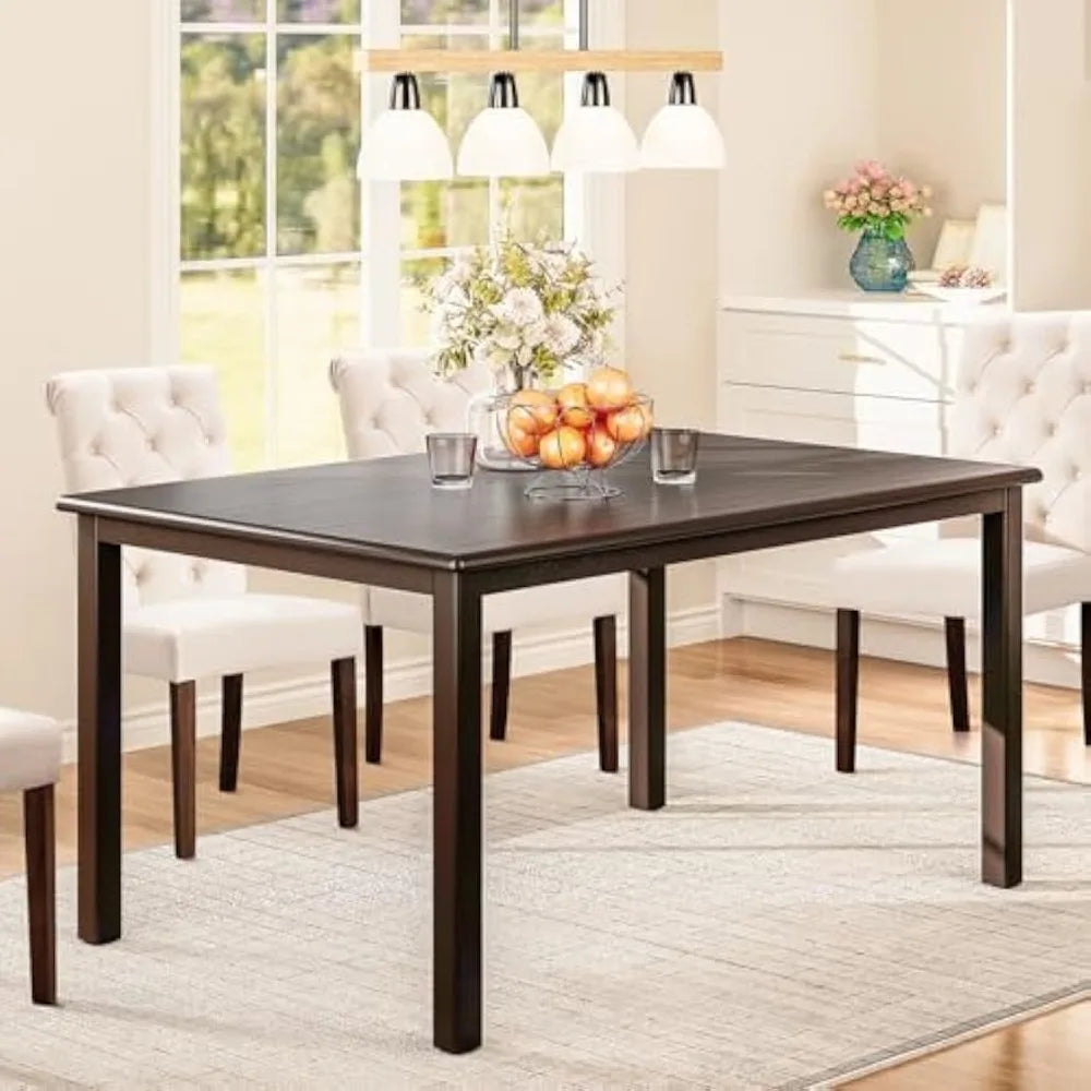 7-Piece Dining Table Set for 6, 60" Rectangular Wooden Kitchen Table with 6 Tufted Dining Room Chairs, Brown/Beige