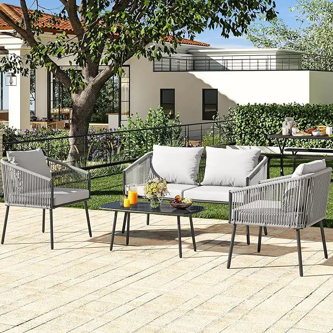 4-Piece Patio Furniture Wicker Outdoor Bistro Set, All-Weather Rattan Conversation Loveseat Chairs For Backyard, Balcony And De