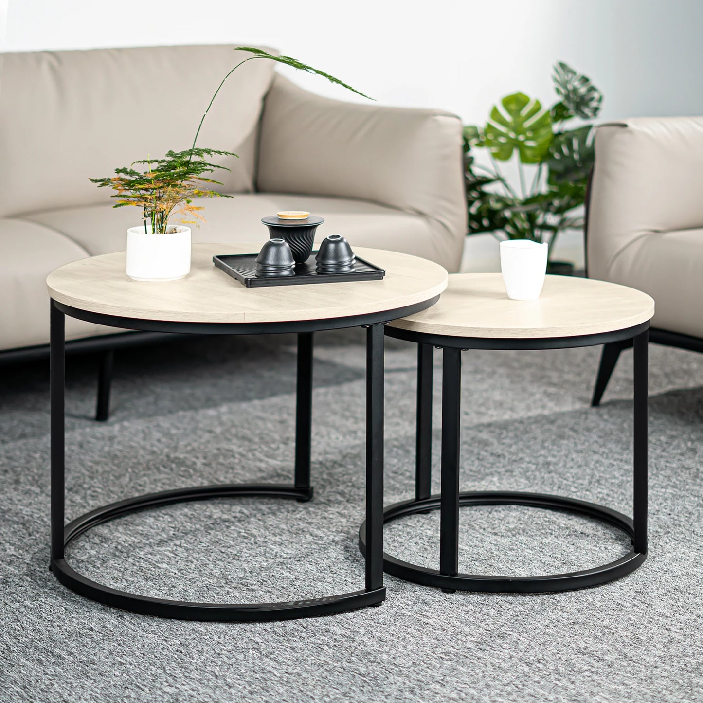 2-Piece Round Nesting Coffee Table Set | Black & White Oak, Metal Frame Wood Top | Sturdy Durable, Easy Assembly (No Tools Neede