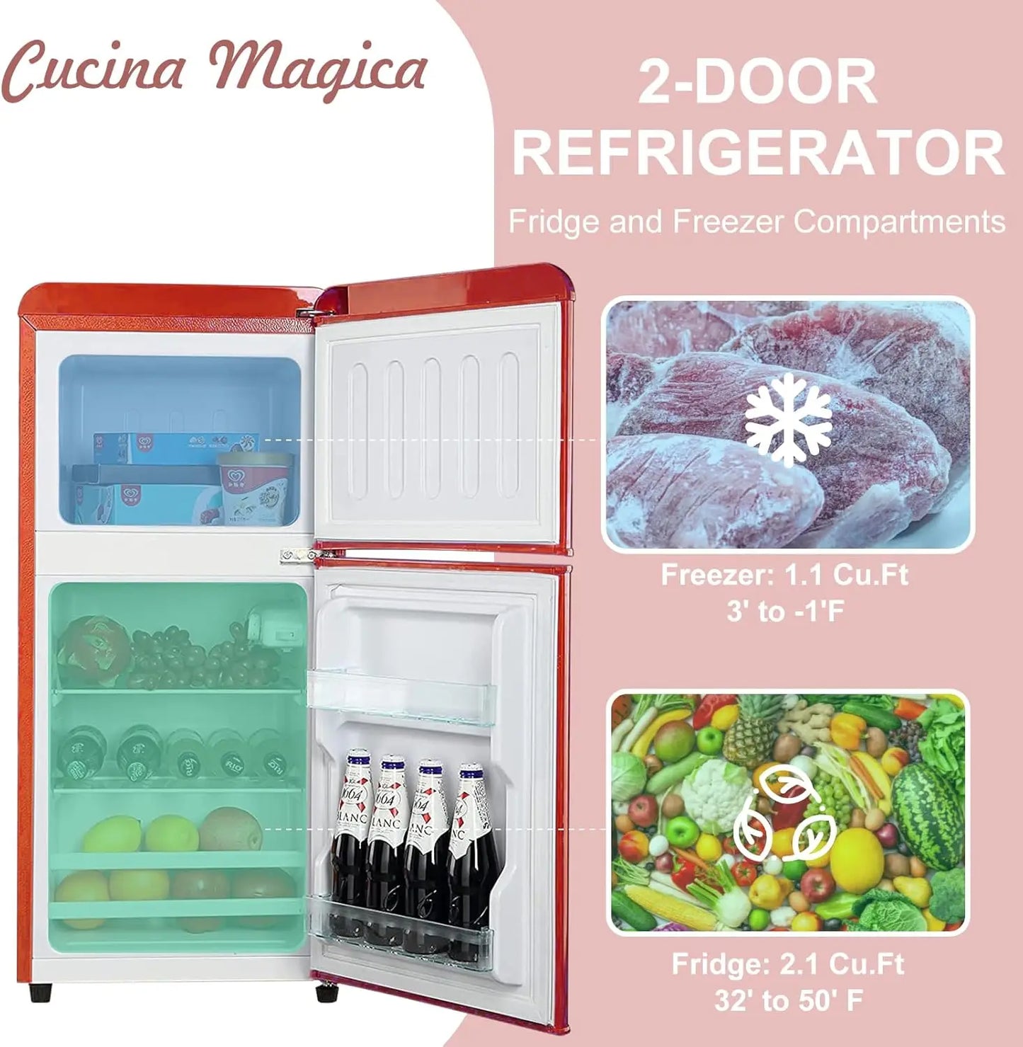 3.2 Cu.ft Compact Refrigerator Red 2 doors Mini Fridge with Freezer, Retro Design Small Drink Chiller for Home, Office