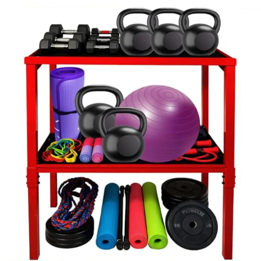 Heavy Duty 2-Tier Fitness Storage Rack 850LB Dumbbell Kettlebell Yoga Organizer with 5MM Shock-Absorbing Mat No Drill Floor Sta