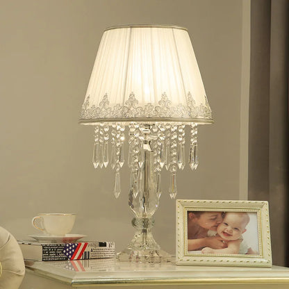 Modern Bedside Crystal Table Lamp with Ruched Fabric Lampshade Elegant Plug-in Crystal Chandelier Nightstand Room Decor