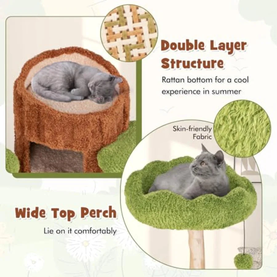 55 Inch Wood Cat Tree Multi-Level Tower for Indoor Cats with Double Decker House Scratching Posts Sisal Board Soft Padded Platf