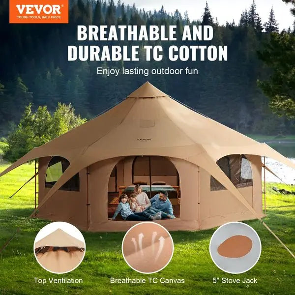 VEVOR Canvas Tent, 4 Seasons 5 m/16.4 ft Bell Tent, Canvas Tent for Camping with Stove Jack, Breathable Yurt Tent for up to 8 Pe