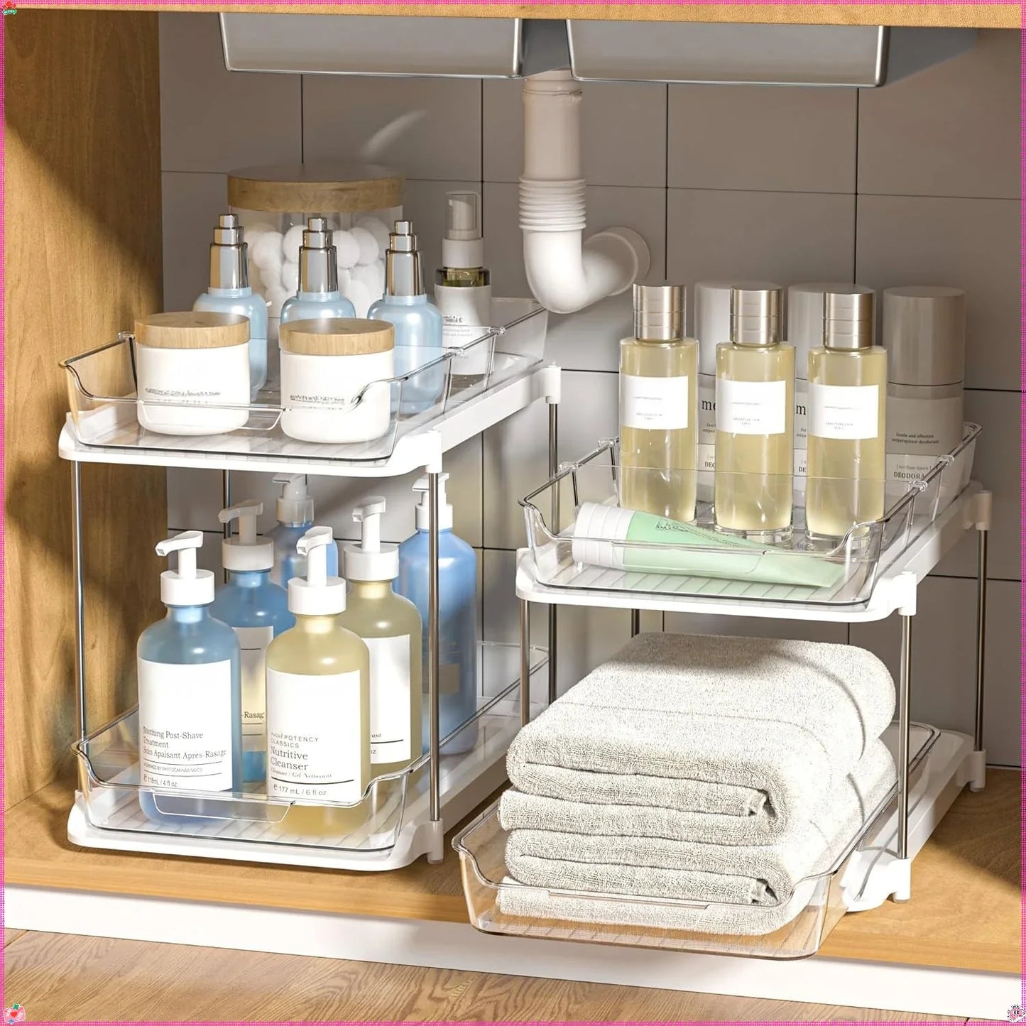 Double Tier Under Sink Organizer White 2-Pack, Pull-Out Rack - For Bathroom & Kitchen Storage