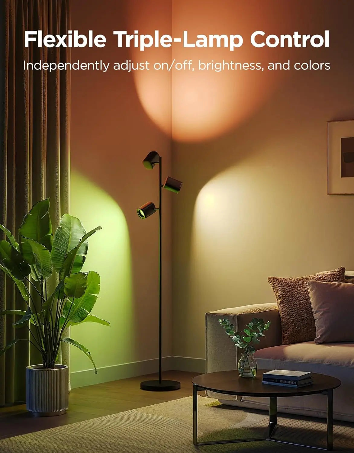 Smart Tree Floor Lamp with Matter, 3 Rotatable Lights, 64 Dynamic Scenes, Music Sync for Living Room