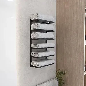 Space-Saving Wall-Mounted Black Metal 5-6 Tier Towel Rack for Bathroom Storage and Organization