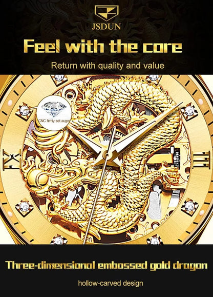 Automatic Mechanical Hollow Dragon Watch Men's Luxury Gold Diamond 50M Waterproof Luminous
