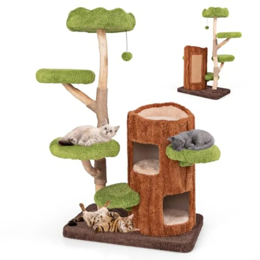 55 Inch Wood Cat Tree Multi-Level Tower for Indoor Cats with Double Decker House Scratching Posts Sisal Board Soft Padded Platf