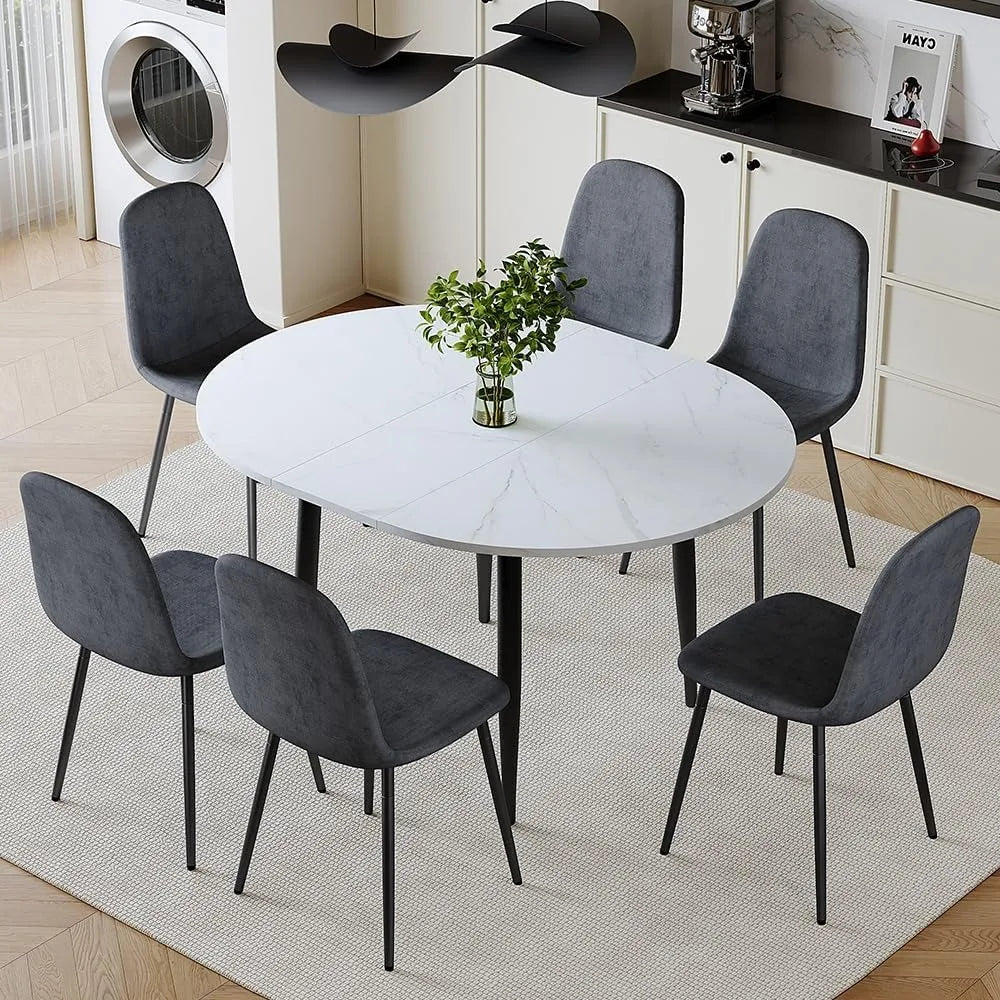 42"-54" Extendable Dining Room Table Set for 6, Round Dining Table Set for 6, White Kitchen Table with Upholstered Chairs