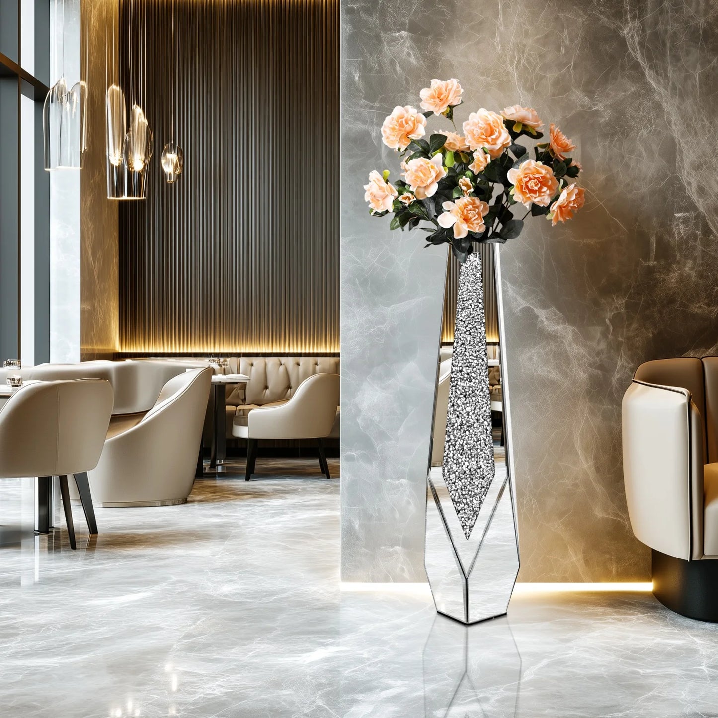 2 Shapes 68CM Crushed Diamond Decorative Mirrored Floor Vase Crystal Silver Glass Flower Vase for Pampas Grass Artificial Flower