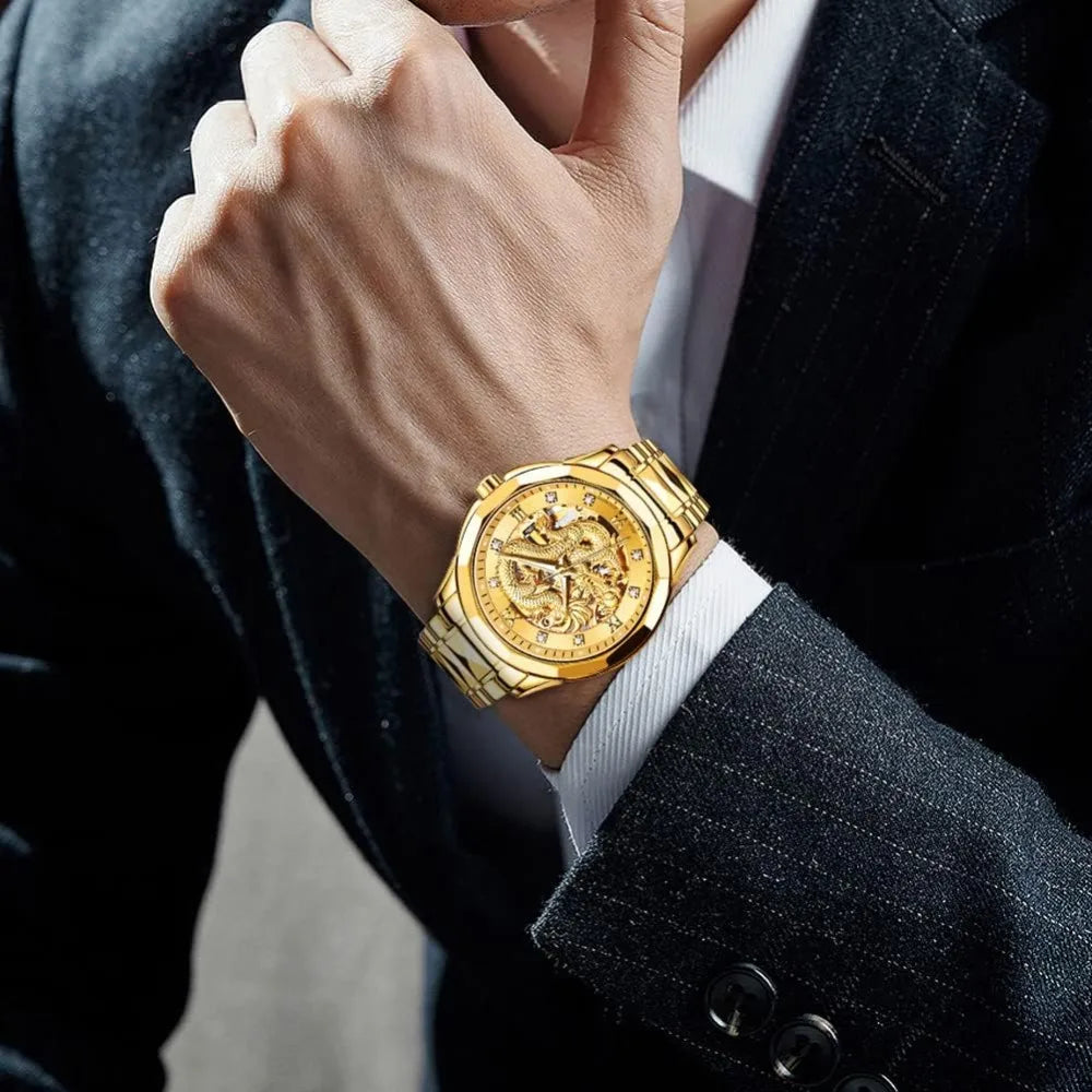 Automatic Mechanical Hollow Dragon Watch Men's Luxury Gold Diamond 50M Waterproof Luminous