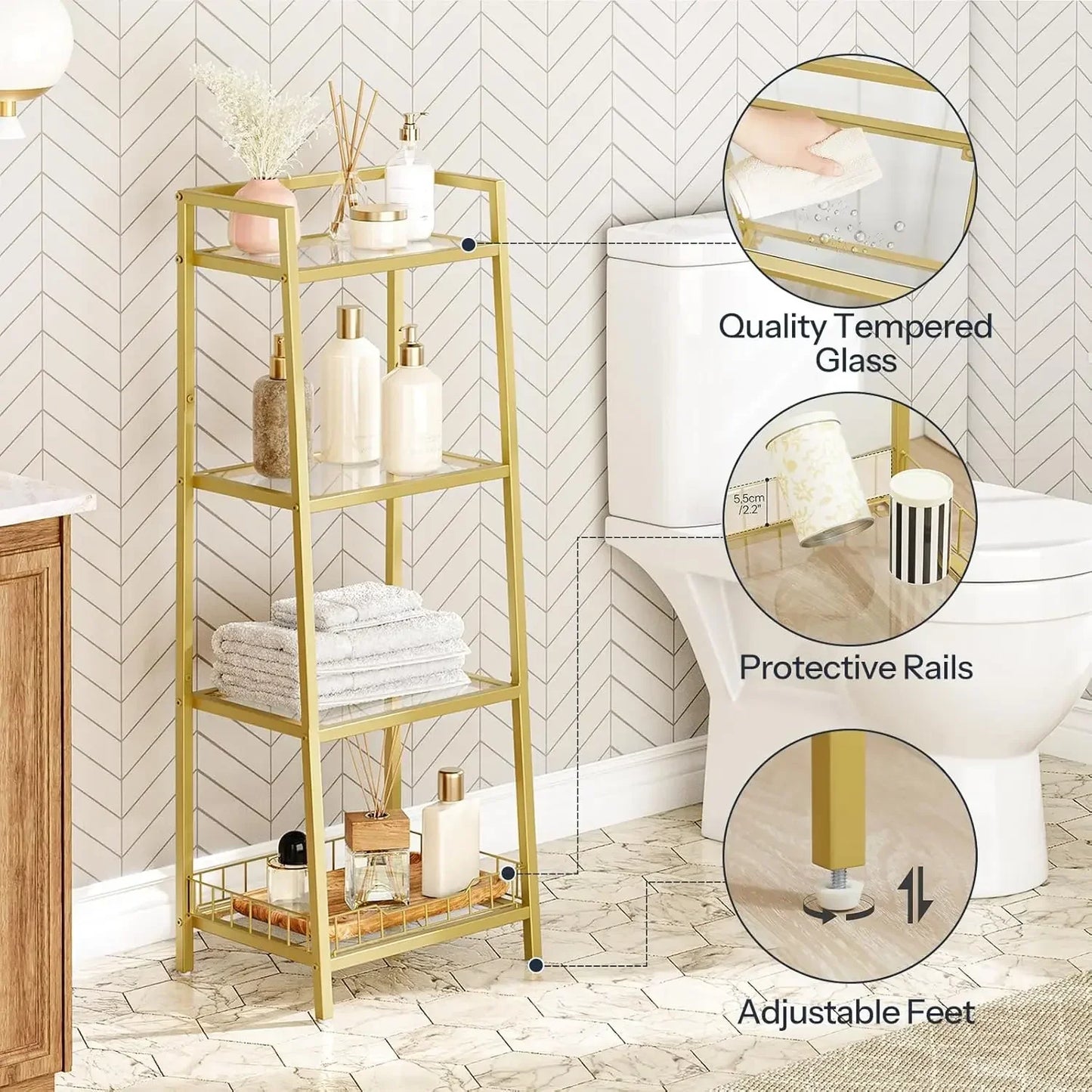Floor Standing Gold Glass Shelf 4-Tier - Waterproof Rack for Bathroom & Decor Organization