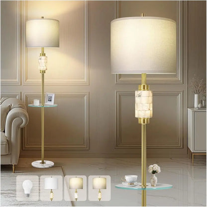Living Room Lamp with Glass Tray and Night Light, Alabaster Bedroom Lamp, Tall Lamp with Linen Shade, Marble Base Standing Lamp