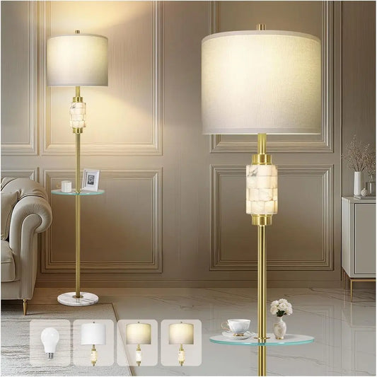 Living Room Lamp with Glass Tray and Night Light, Alabaster Bedroom Lamp, Tall Lamp with Linen Shade, Marble Base Standing Lamp