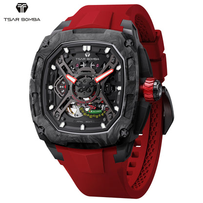 TSAR BOMBA Men's Luxury Mechanical Watch, Carbon Fiber Case, Luminous, 5ATM Waterproof, Viton Strap, Ideal Gift for Men