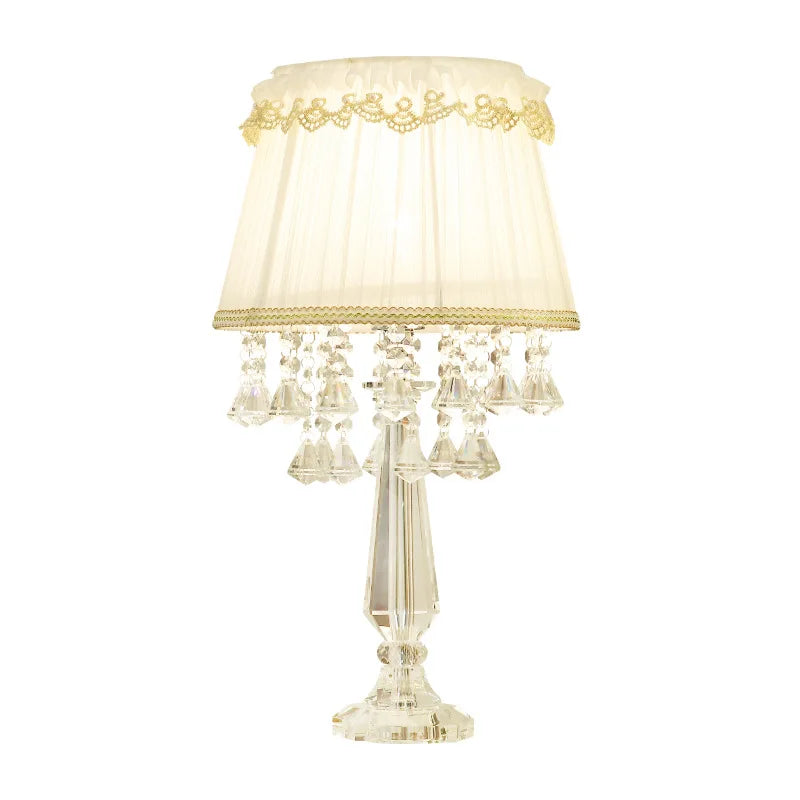 Modern Bedside Crystal Table Lamp with Ruched Fabric Lampshade Elegant Plug-in Crystal Chandelier Nightstand Room Decor