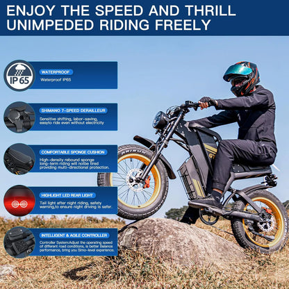 Electric Bike for Adults,1000W/2000W/3000W Motor,Removable Battery,93-145Miles Electric Motorcycle,20"x4.0 Fat Tire Ebike Adults