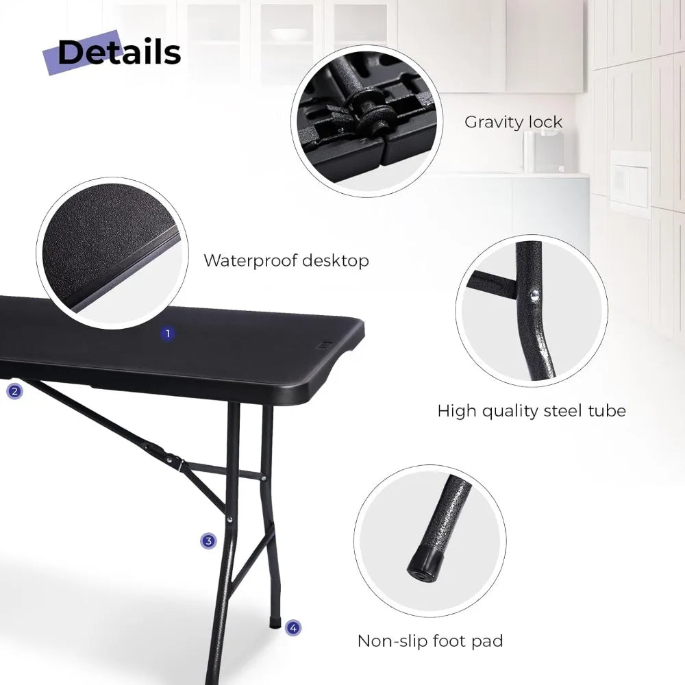 Folding Table 6ft Portable Heavy Duty Plastic Fold-in-Half 6 Foot Foldable Table Utility Dining Indoor Outdoor with Carrying Han