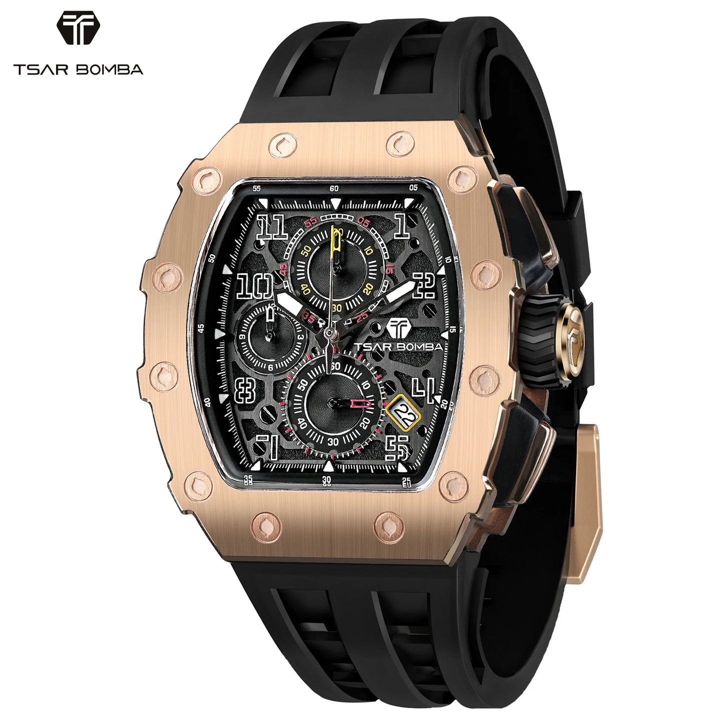 TSAR BOMBA Luxury Tonneau Quartz Watch for Men Japanese Movement, Stainless Steel Case,  Elegant Dress Wristwatch