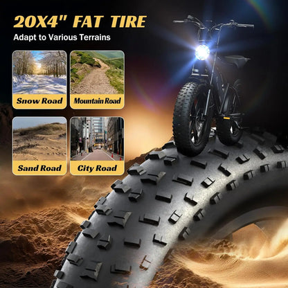 HOVSCO R003 1500W electric bike, 20" fat tires, 28MPH, 48V 15Ah battery, all-terrain, for road, sand, mountain, and snow.
