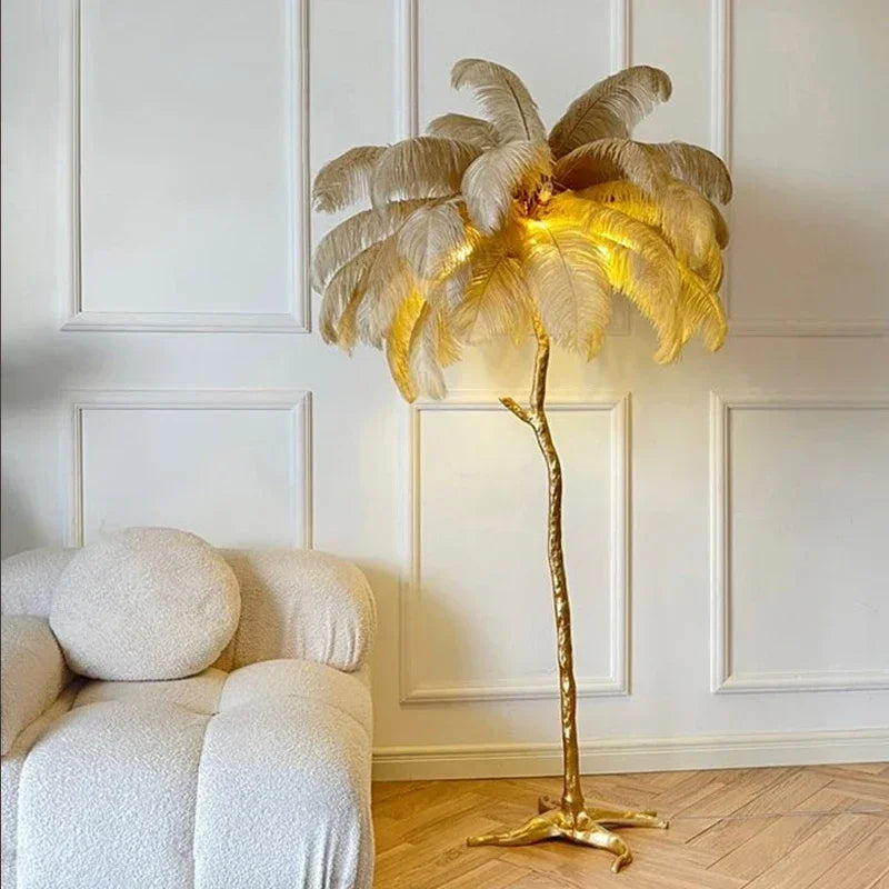 200cm Nordic Ostrich Feather Floor Lamp Resin Copper Living Room Home Decor Standing Light Indoor Lighting Bedroom Bedside Light