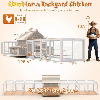 Extra Large Chicken Coop with 2 Runs for 8–10 Chickens Outdoor Wooden Hen House Poultry Cage with 6 Nesting Boxes, Dual Ramp Doo