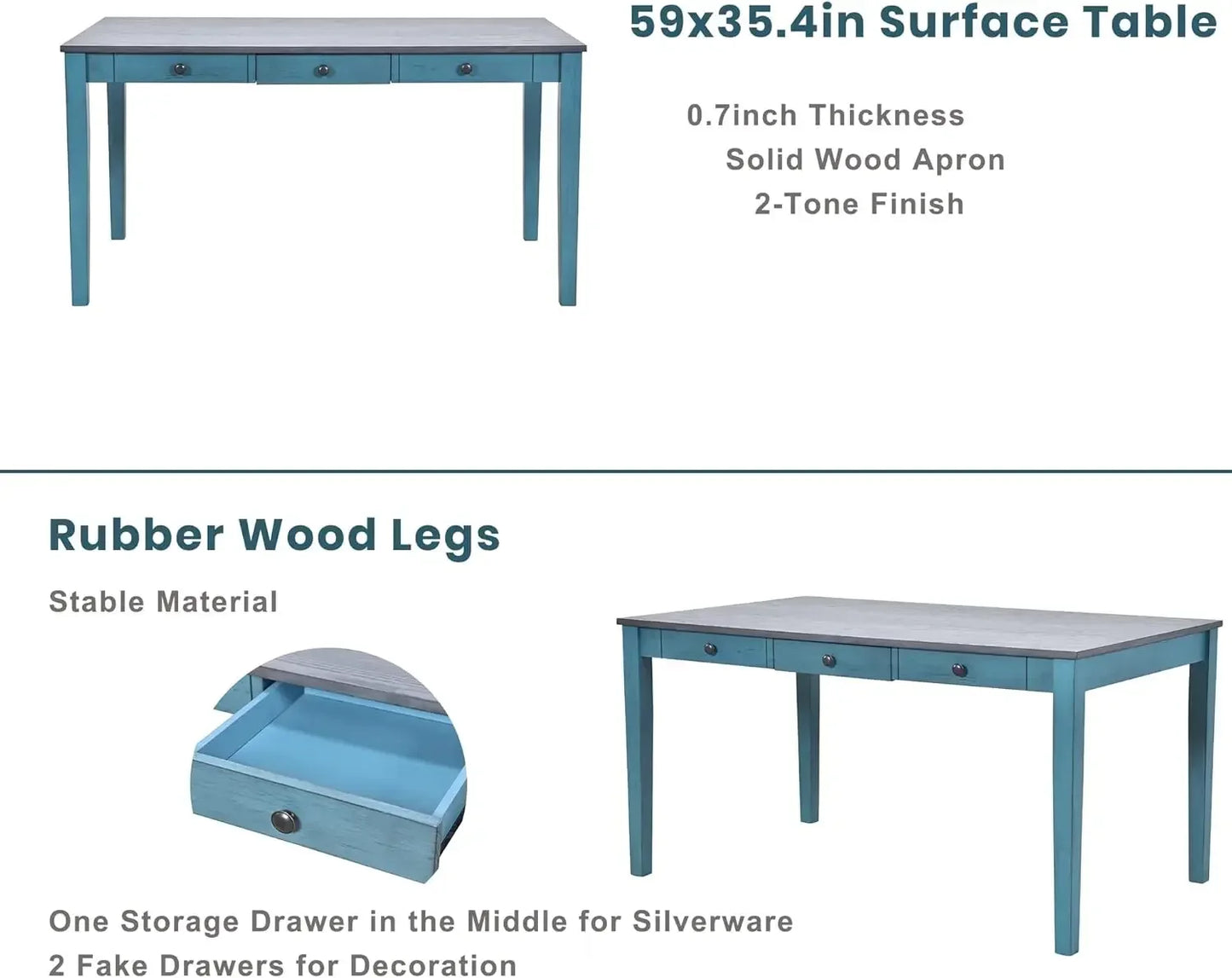Dining Table Set for 6 with Chairs Blue, 6 Piece Kitchen Table and Bench Set with Storage Drawers, Farmhouse Table with Bench