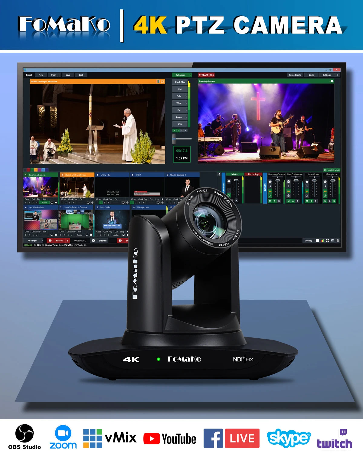 FoMaKo 4K 20X Optical Zoom PTZ Camera HDMI NDI AI Auto-Tracking Gen 3,NDI PTZ Camera 4K + NDI PTZ Controller, K20UH NDIx3+KC608N