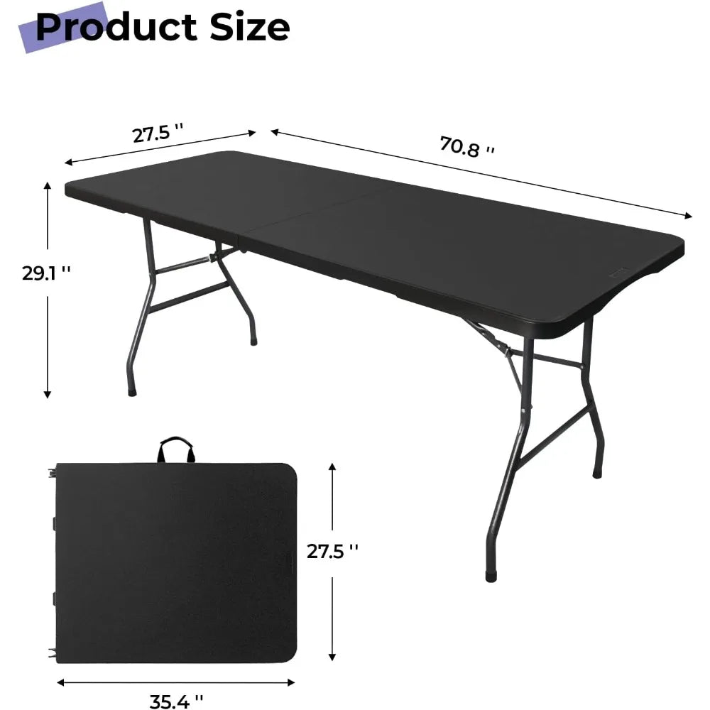 Folding Table 6ft Portable Heavy Duty Plastic Fold-in-Half 6 Foot Foldable Table Utility Dining Indoor Outdoor with Carrying Han