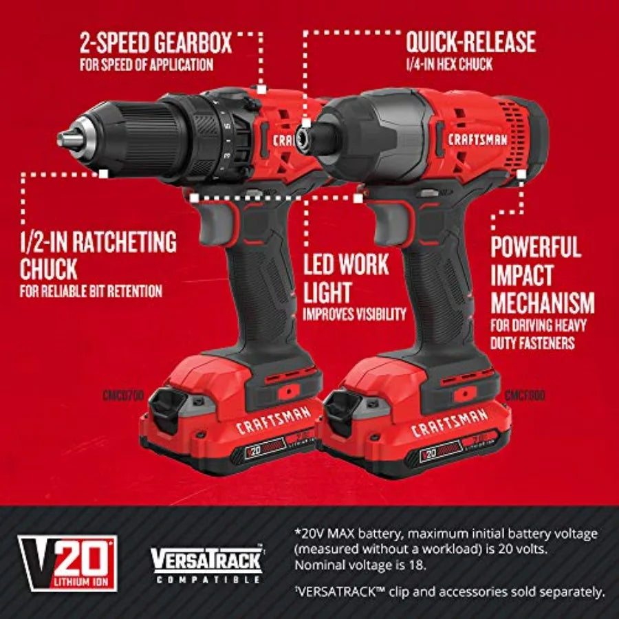 V20 MAX Cordless Drill and Impact Driver Power Tool Combo Kit with 2 Batteries and Charger CMCK200C2 and (1) V20 Lith