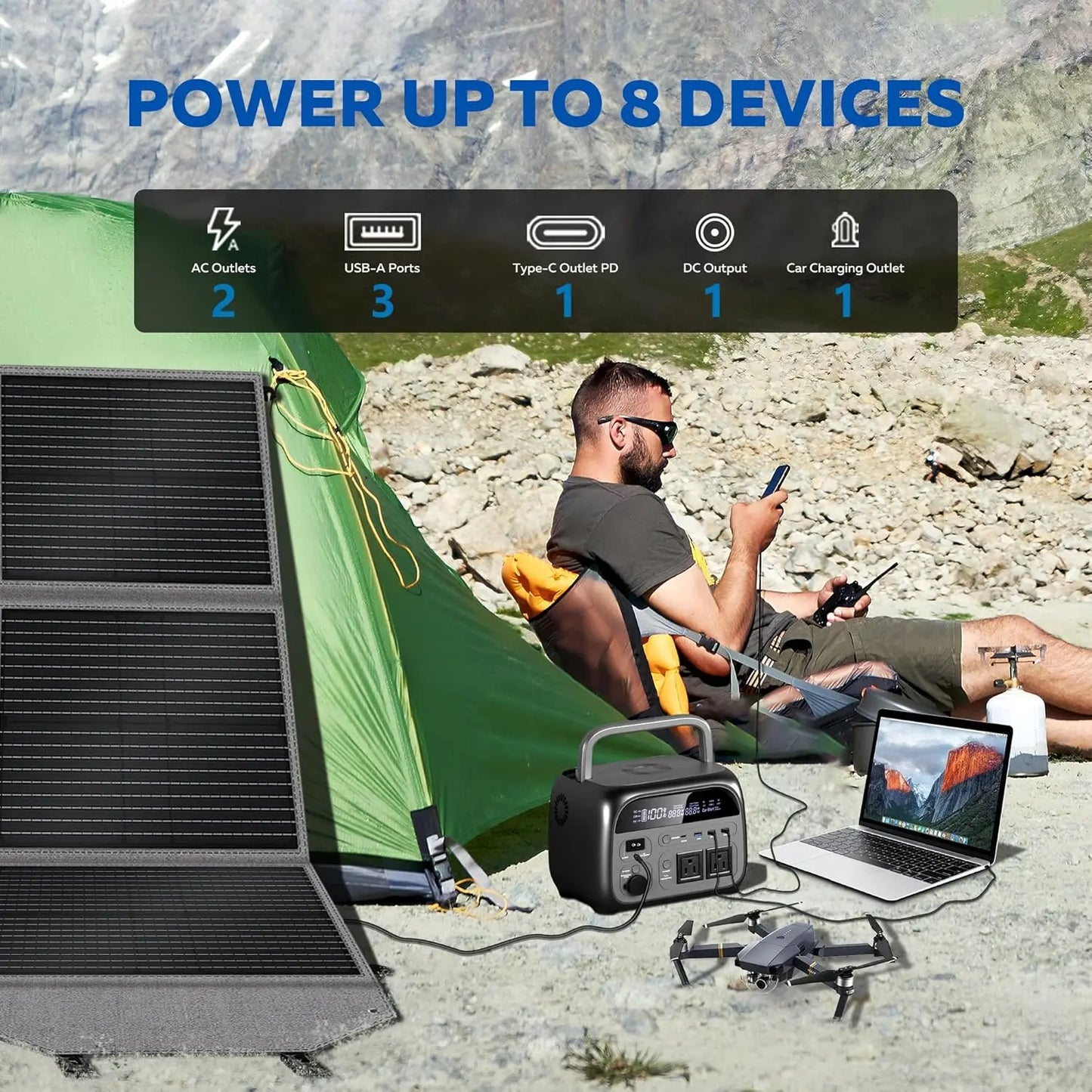Portable Power Station with 100W Solar Panel, 345Wh LiFePO4 Battery,Solar Generator with 500W AC Output for Camping