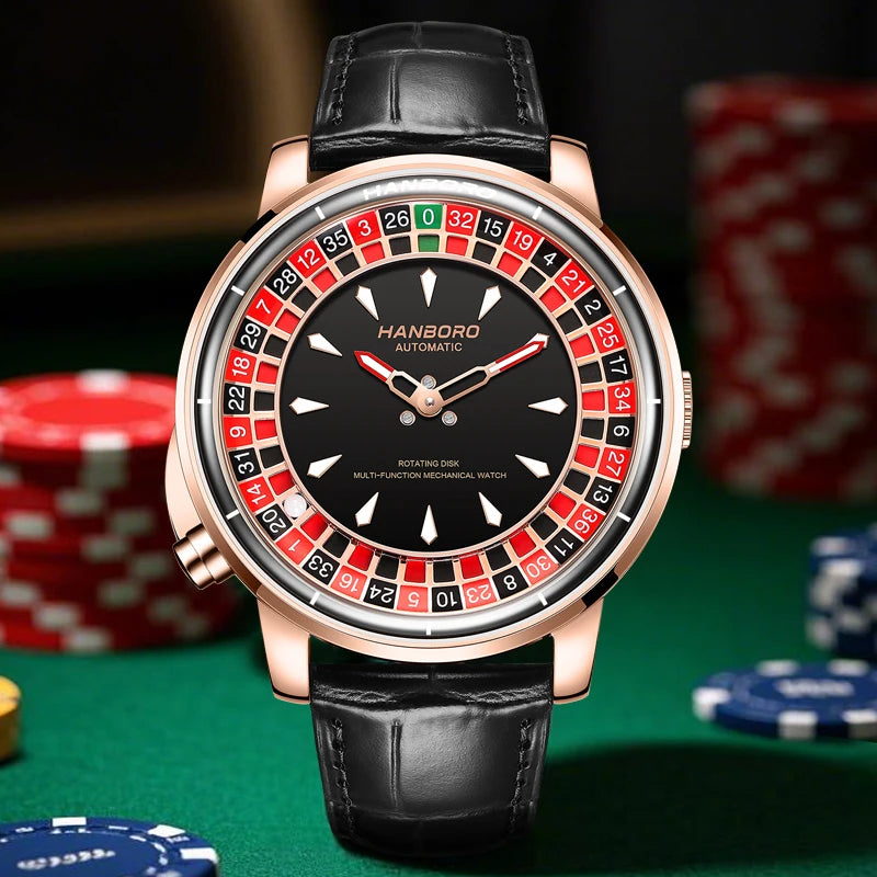 Fully automatic mechanical watch with Casino Roulette Rotating Disk Dialleather stra from local warehouse in the US